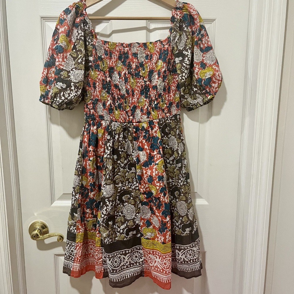 Velve by Graham & Spencer Peasant Dress XS India Floral Puff Sleeve Smocked Boho - Picture 1 of 6